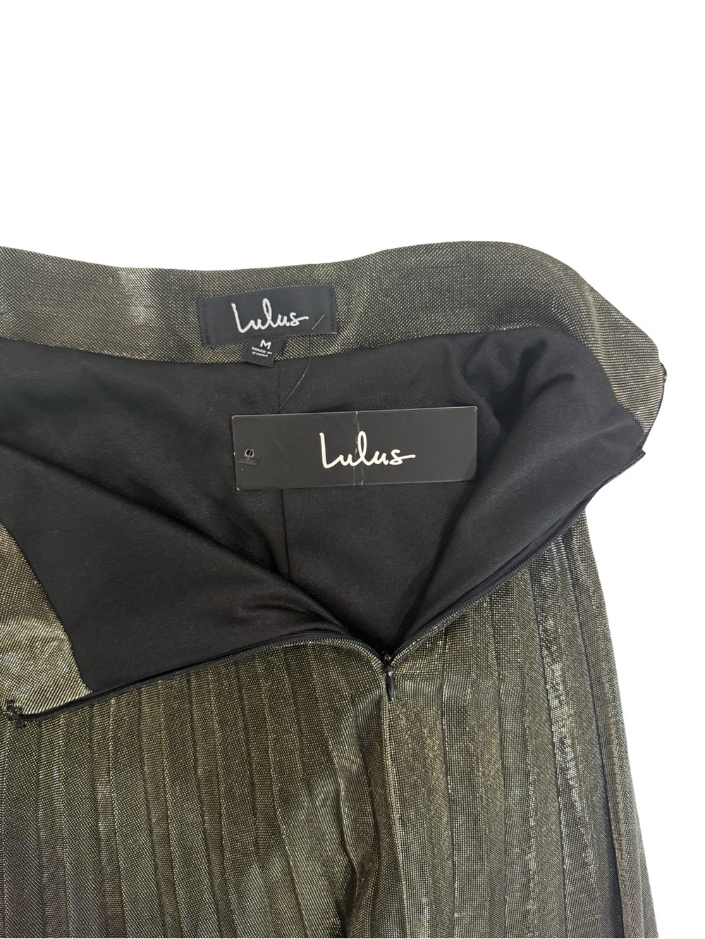 NWT Lulus Star Shine Olive Gold Metallic Pleated Midi Skirt Size Medium - Picture 11 of 12